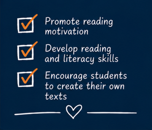 Promote reading motivation, develop literacy skills, encourage students to create their own texts