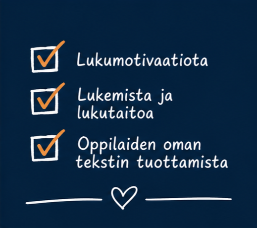 Lukumotivaatiota, lukemista ja lukutaitoa, oppilaiden oman tekstin tuottamista